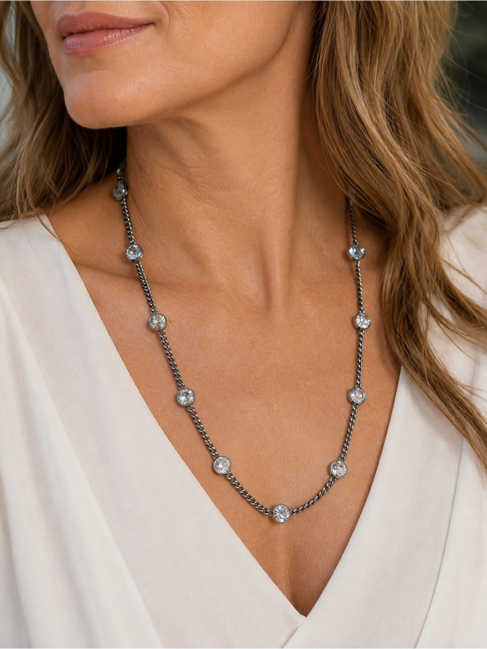 Givenchy Dark Gun Metal Long Curb Crystal Station Necklace - Clear Crystal